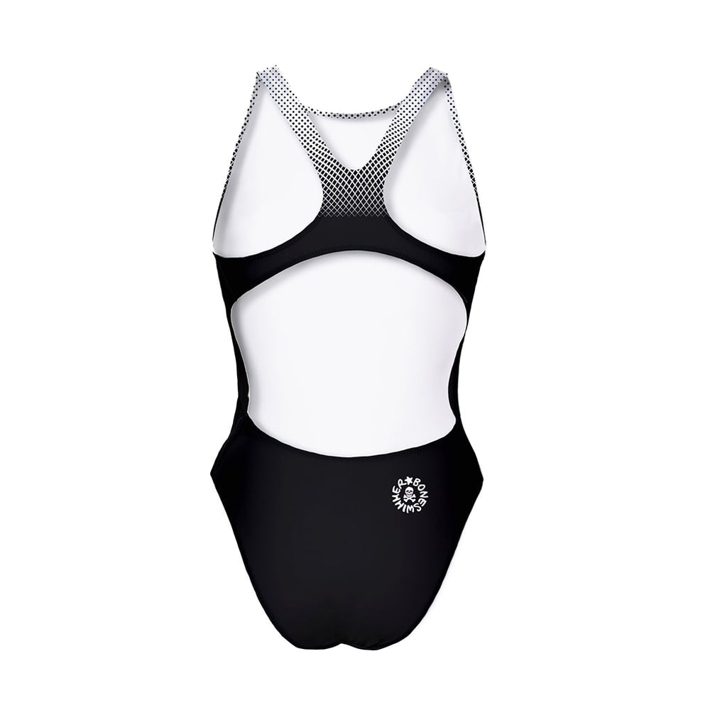 
            
                Load image into Gallery viewer, Costume da allenamento nuoto in piscina Boneswimmer da bambina, modello intero PINUP - 440P NERO BIANCO colore nero e sfumatura bianca sulla parte alta, retro
            
        
