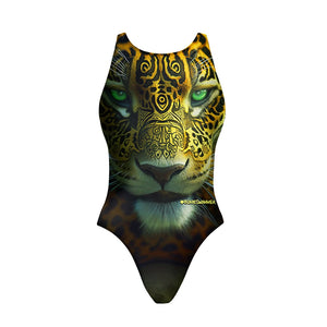Costume da allenamento nuoto in piscina Boneswimmer da bambina, modello intero PINUP - 438P HUNTER con la stampa del muso di un giaguaro dallo sguardo profondo e con arabeschi orientali, fronte