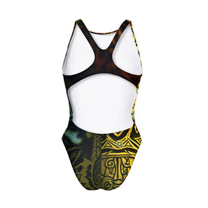 Retro del costume da allenamento nuoto in piscina Boneswimmer da bambina, modello intero PINUP 438P HUNTER con la stampa del manto di un giaguaro arabescato