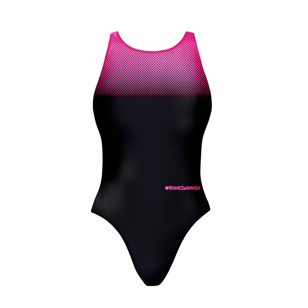 Costume da allenamento nuoto in piscina Boneswimmer da bambina, modello intero PINUP - 439PF NERO FUCSIA colore nero e sfumatura fucsia sulla parte alta, fronte