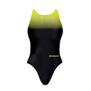 Costume da allenamento nuoto in piscina Boneswimmer da bambina, modello intero PINUP  - 441PF NERO GIALLO con stampa nero e sfumatura gialla sulla parte alta, fronte