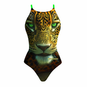 Costume da allenamento nuoto in piscina Boneswimmer da donna, modello intero IBIZA 156I HUNTER con la stampa del muso di un leone dallo sguardo profondo e con arabeschi orientali, fronte