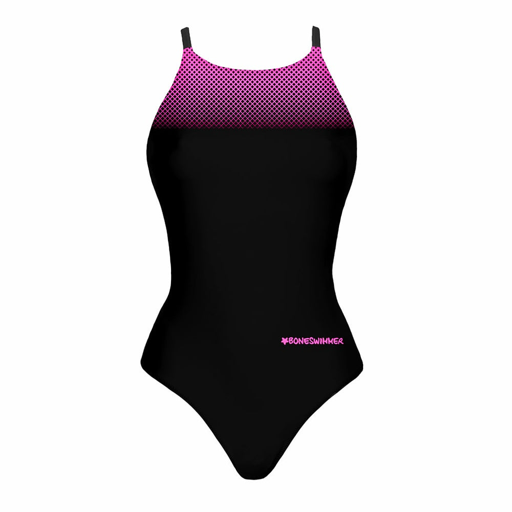 Costume da allenamento nuoto in piscina Boneswimmer da donna, modello intero IBIZA - 157IF NERO FUCSIA colore nero e sfumatura fucsia sulla parte alta, fronte