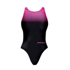 Costume da allenamento nuoto in piscina Boneswimmer da donna, modello intero PINUP - 439PF NERO FUCSIA colore nero e sfumatura fucsia sulla parte alta, fronte
