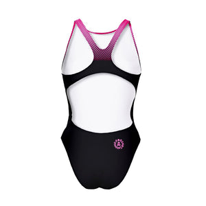 Costume da allenamento nuoto in piscina Boneswimmer da donna, modello intero PINUP - 439PF NERO FUCSIA colore nero e sfumatura fucsia sulla parte alta, retro