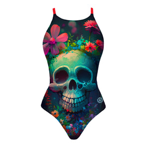 Costume da allenamento nuoto Boneswimmer da donna, modello intero IBIZA 108if con stampa di un teschio circondato da fiori colorati, fronte