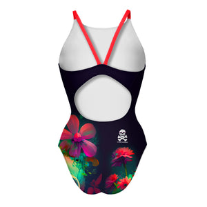 Costume da allenamento nuoto Boneswimmer da donna, modello intero IBIZA 108if con stampa di un teschio circondato da fiori colorati, retro