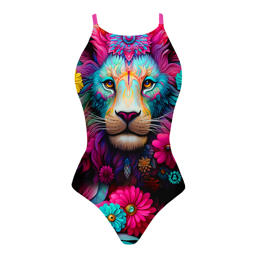 Costume da allenamento nuoto Boneswimmer da donna, modello intero IBIZA 124i con stampa di un leone stile esotico dai colori accesi e vibranti contornato di fiori, fronte