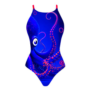 Costume da allenamento nuoto Boneswimmer da donna, modello intero IBIZA 127if con stampa di un simpatico polpo dalle ventose fluo su uno sfondo blu elettrico, fronte