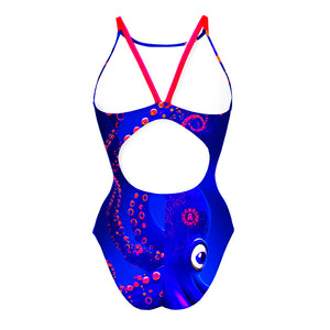 Costume da allenamento nuoto Boneswimmer da donna, modello intero IBIZA 127if con stampa di un simpatico polpo dalle ventose fluo su uno sfondo blu elettrico, retro