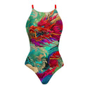 Costume da allenamento nuoto Boneswimmer da donna, modello intero IBIZA 137i con stampa di un leggendario drago cinese nella sua maestosità, eleganza e forza, fronte