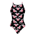 Costume da allenamento nuoto Boneswimmer da donna, modello intero IBIZA 138i con stampa di graziosi e tondi maiali volanti su sfondo nero, fronte