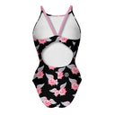 Costume da allenamento nuoto Boneswimmer da donna, modello intero IBIZA 138i con stampa di graziosi e tondi maiali volanti su sfondo nero, retro