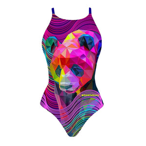 Costume da allenamento nuoto Boneswimmer da donna, modello intero IBIZA 147if con stampa maxi ritratto geometrico di un panda sfaccettato tra onde fluo, fronte