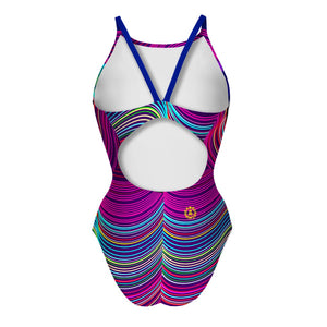 Costume da allenamento nuoto Boneswimmer da donna, modello intero IBIZA 147if con stampa maxi ritratto geometrico di un panda sfaccettato tra onde fluo, retro
