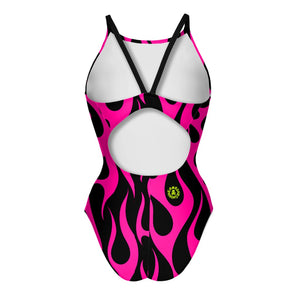 Costume da allenamento nuoto Boneswimmer da donna, modello intero IBIZA 152if, stampa con un orsetto giallo arrabbiato su sfondo nero con fiamme rosa e un messaggio divertente, retro