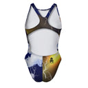 Costume da allenamento nuoto Boneswimmer da donna, modello intero PINUP 329p con stampa di un teschio robot con armatura rossa e dorata, fulmini e nuvole, retro