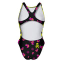 Costume da allenamento nuoto Boneswimmer da bambina, modello intero PINUP 334pf con stampa di una papera rosa con occhialini da nuoto su sfondo giallo e piccole paperelle nere, retro