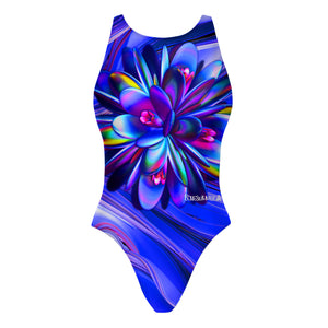Costume da allenamento nuoto Boneswimmer da donna, modello intero PINUP 350p con stampa di fiore di loto in 3D, fronte