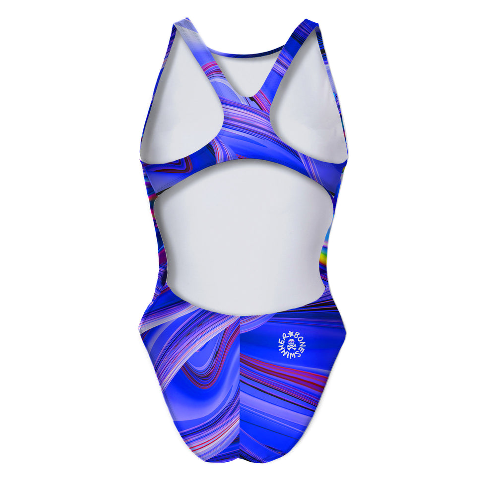 Costume da allenamento nuoto Boneswimmer da donna, modello intero PINUP 350p con stampa di fiore di loto in 3D, retro