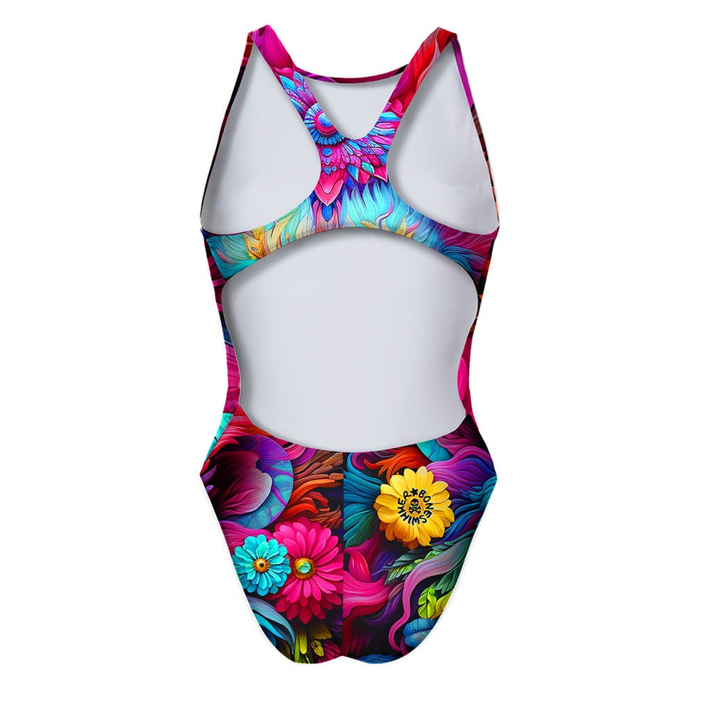 Costume da allenamento nuoto Boneswimmer da donna, modello intero PINUP 368p con stampa di un leone stile esotico dai colori accesi e vibranti contornato di fiori, retro
