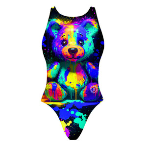 Costume da allenamento nuoto Boneswimmer da donna, modello intero PINUP 376p con stampa di un orsetto colorato con colpi di vernice, fronte
