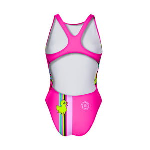 Costume da allenamento nuoto Boneswimmer da donna, modello intero PINUP 406p con stampa 
di un orsacchiotto accigliato circondato dal suo mondo acido di colori fluo, retro