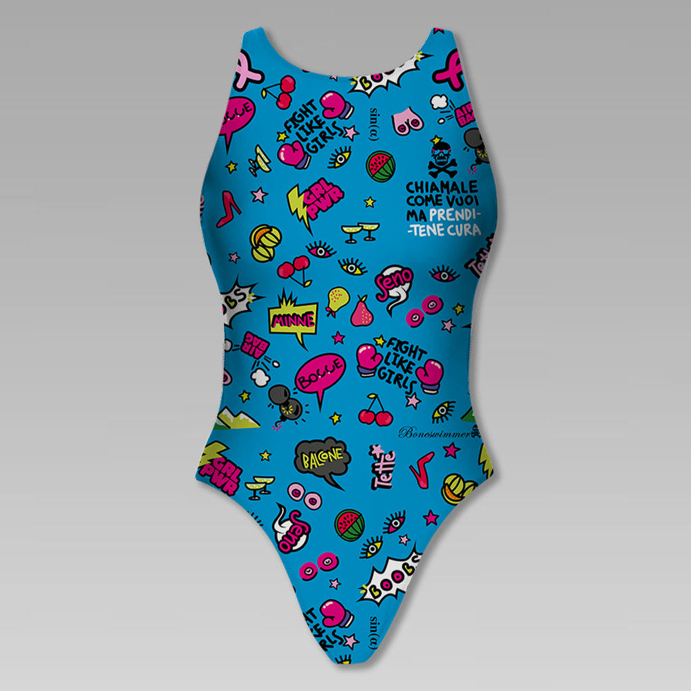 Costume da allenamento nuoto Boneswimmer da donna, modello intero PINUP AIRC Special Edition con stampa di soggetti vari a tema lotta contro il cancro al seno, fronte