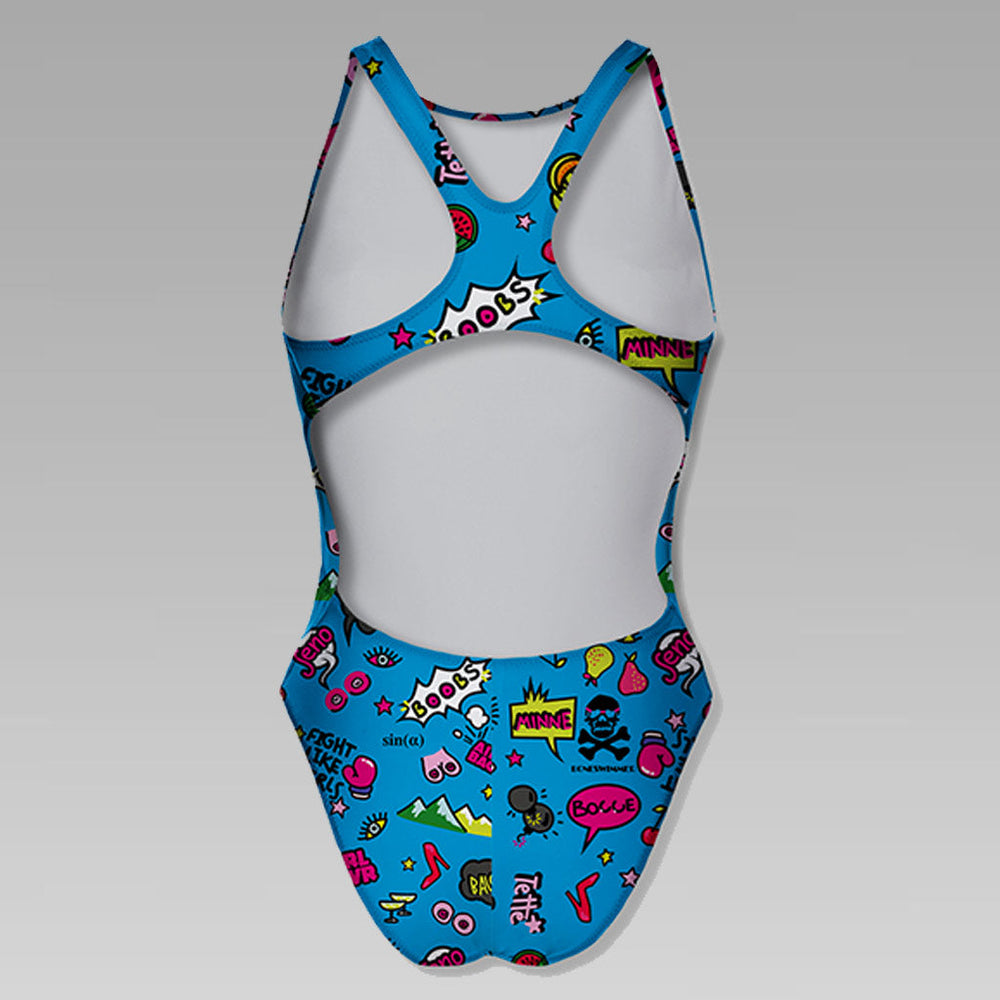 Costume da allenamento nuoto Boneswimmer da donna, modello intero PINUP AIRC Special Edition con stampa di soggetti vari a tema lotta contro il cancro al seno, retro