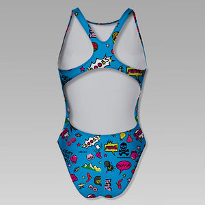 Costume da allenamento nuoto Boneswimmer da donna, modello intero PINUP AIRC Special Edition con stampa di soggetti vari a tema lotta contro il cancro al seno, retro
