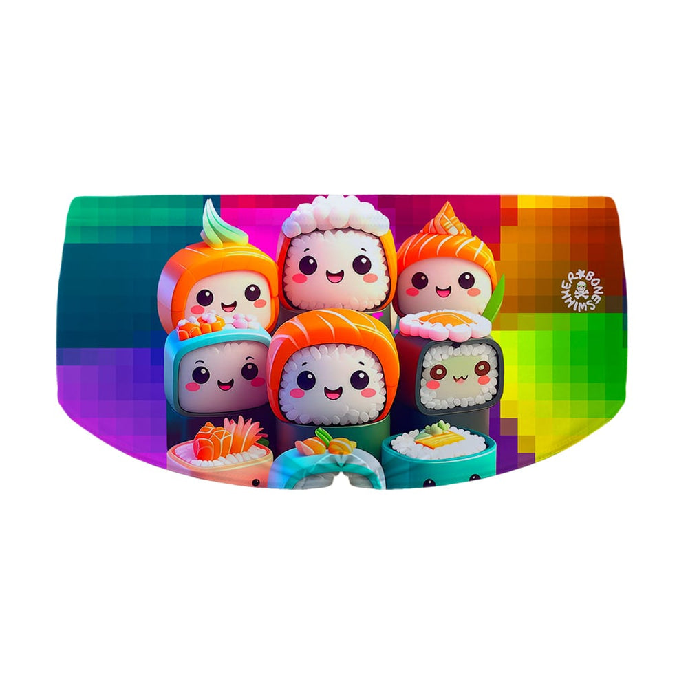Costume da allenamento nuoto in piscina Boneswimmer da uomo, modello parigamba UCLA SUSHI con roll sushi in stile kawaii colorati; vista posteriore