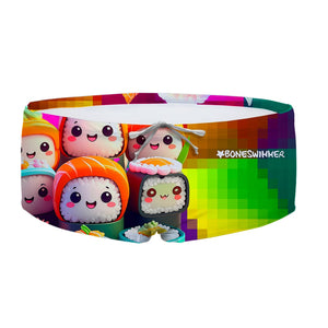 Costume da allenamento nuoto in piscina Boneswimmer da uomo, modello parigamba UCLA SUSHI con roll sushi in stile kawaii colorati; fronte