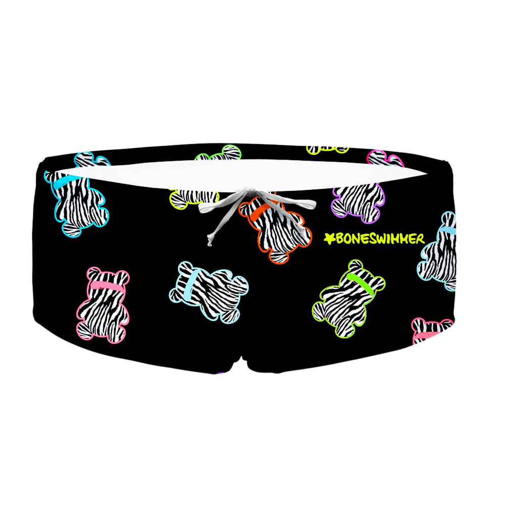 Costume da allenamento nuoto in piscina Boneswimmer da uomo, modello parigamba UCLA ABIBÒ con serie di orsettini gommosi su fondo nero; fronte