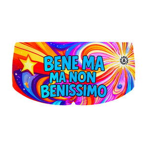 Costume da allenamento nuoto in piscina Boneswimmer da uomo, modello parigamba UCLA BENISSIMO. con la frase ironica  BENE MA NOIN BENISSIMO; retro