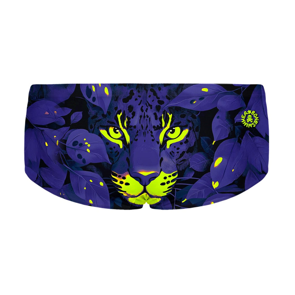 Costume da allenamento nuoto in piscina Boneswimmer da uomo, modello parigamba UCLA GLOW con un fogliame notturno macchiato di giallo neon; retro