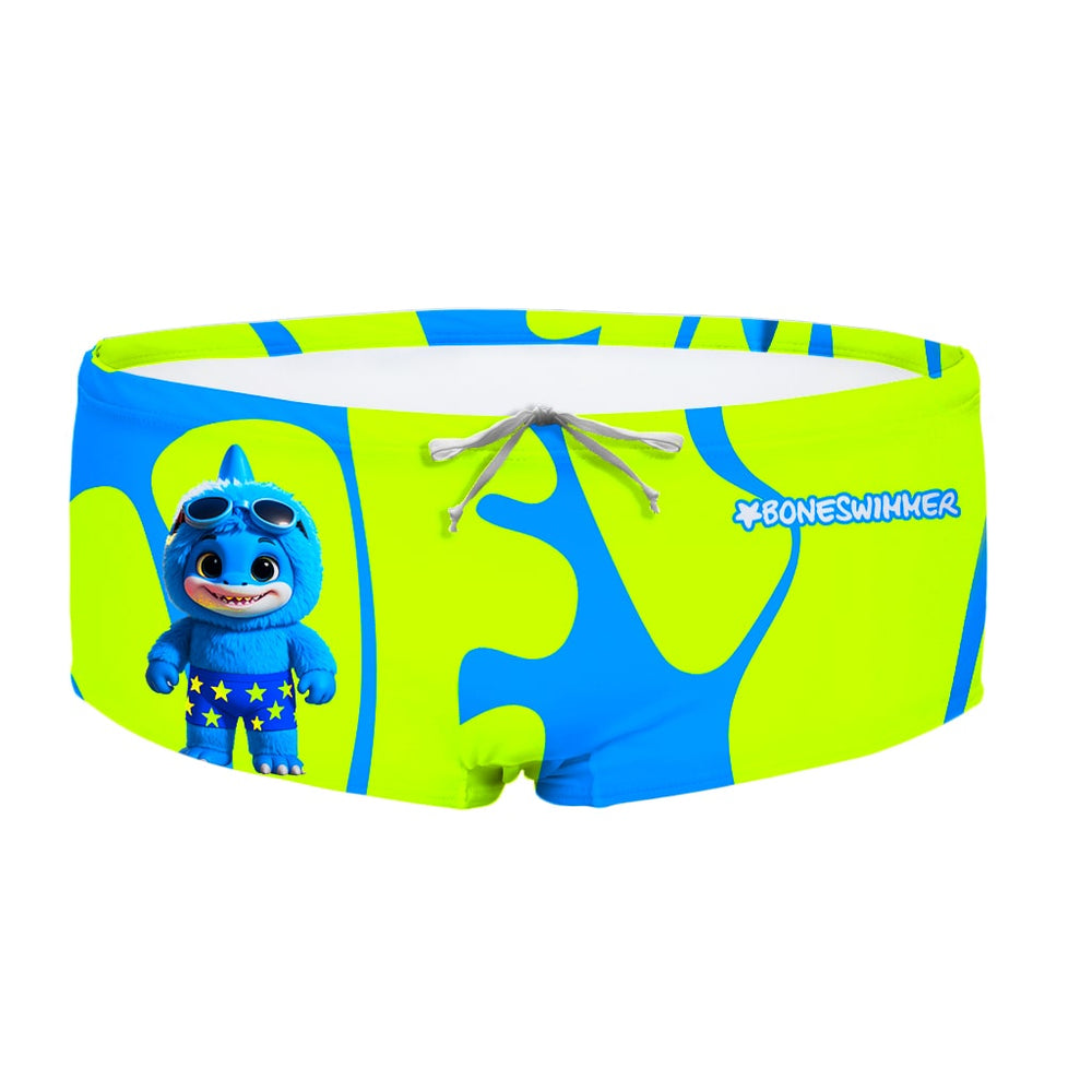 Costume da allenamento nuoto in piscina Boneswimmer da uomo, modello parigamba UCLA LAKUKU con un pupazzetto stile Labubu su fondo giallo fluo e striato di azzurro; fronte