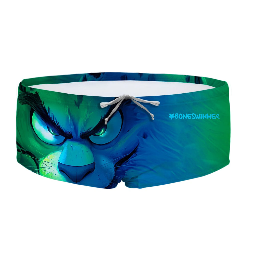 Costume da allenamento nuoto in piscina Boneswimmer da uomo, modello parigamba UCLA PINKY con il muso deciso di un felino in sfumature di colori blu e verdi; fronte