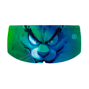 Costume da allenamento nuoto in piscina Boneswimmer da uomo, modello parigamba UCLA PINKY con il muso deciso di un felino in sfumature di colori blu e verdi; retro