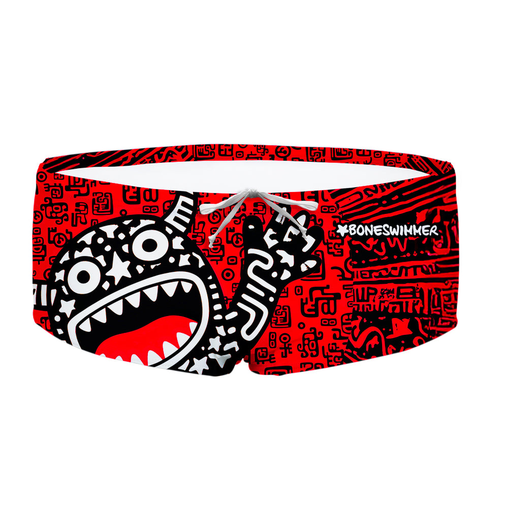 Costume da allenamento nuoto in piscina Boneswimmer da uomo, modello parigamba UCLA TRIBALE con un simpatico mostro in stile pop art; fronte