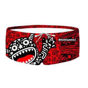 Costume da allenamento nuoto in piscina Boneswimmer da uomo, modello parigamba UCLA TRIBALE con un simpatico mostro in stile pop art; fronte
