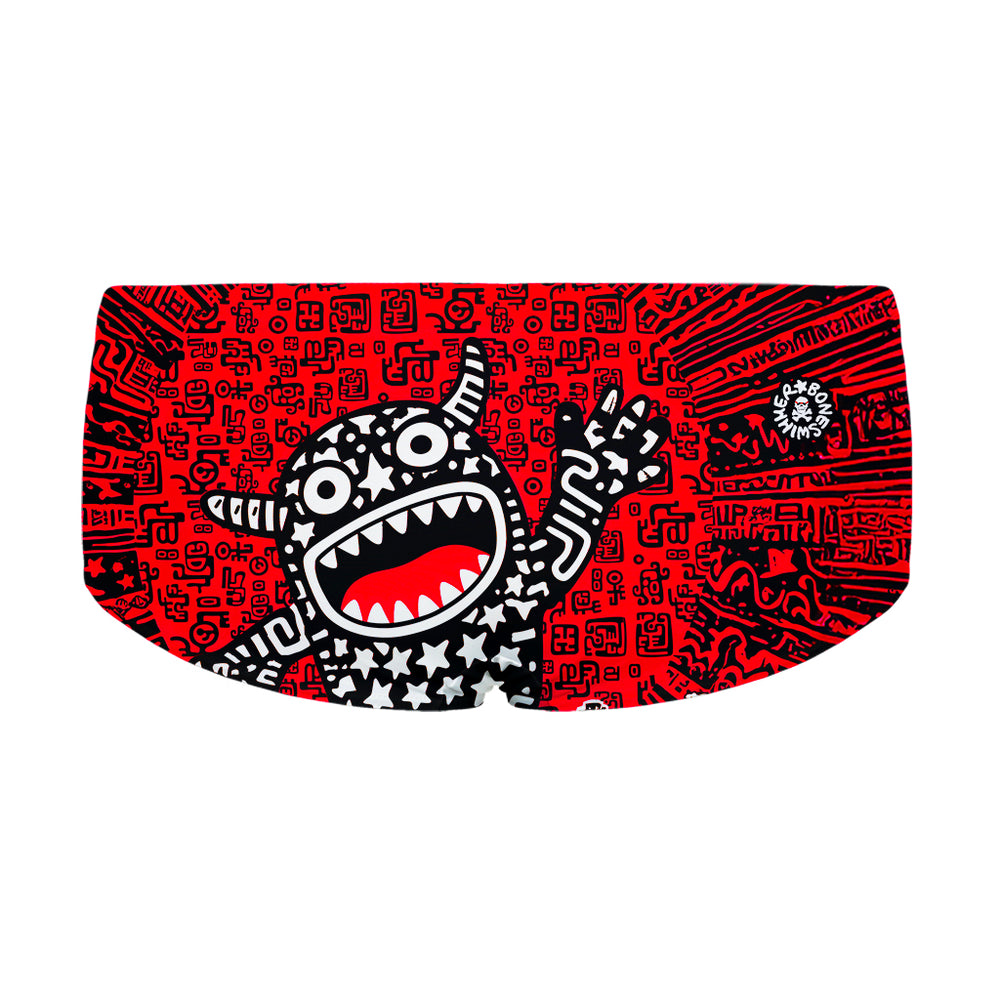 Costume da allenamento nuoto in piscina Boneswimmer da uomo, modello parigamba UCLA TRIBALE con un simpatico mostro in stile pop art; retro