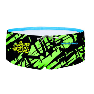 Costume da allenamento nuoto in piscina Boneswimmer da uomo, modello parigamba UCLA 203UF BAD con stampa graffiti neon verde e nero "Changes the Rules"; fronte