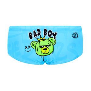 Costume da allenamento nuoto in piscina Boneswimmer da uomo, modello parigamba UCLA 203UF BAD con grafica "Bad Boy" e orso verde con corona e occhiali; retro