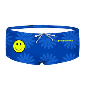 Costume da allenamento nuoto in piscina Boneswimmer da uomo, modello parigamba UCLA 204UF USE YOUR SMILE con scritta "USE YOUR SMILE" ed emoji gialla su sfondo blu a fiori; fronte