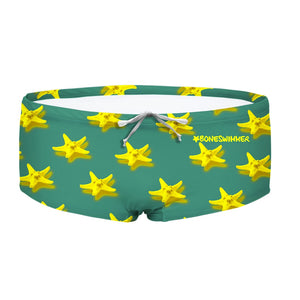 Costume da allenamento nuoto in piscina Boneswimmer da uomo, modello parigamba UCLA 205UF STELLE MARINE con grafica stelle marine gialle su sfondo turchese; fronte
