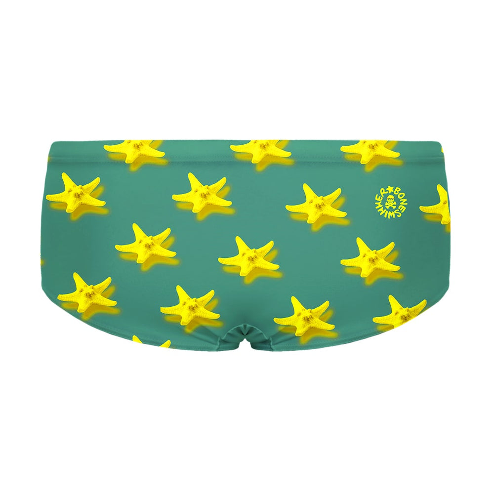 Costume da allenamento nuoto in piscina Boneswimmer da uomo, modello parigamba UCLA 205UF STELLE MARINE con grafica stelle marine gialle su sfondo turchese; retro