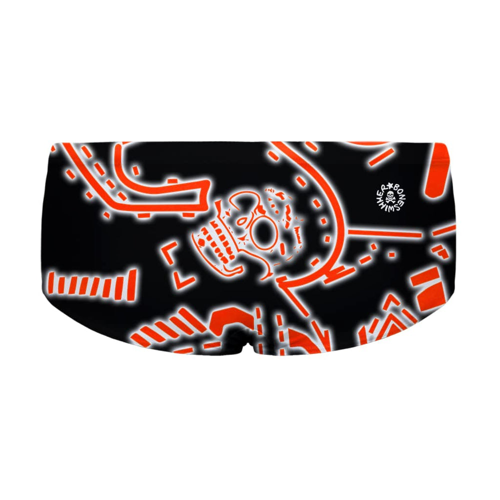 Costume da allenamento nuoto in piscina Boneswimmer da uomo, modello parigamba UCLA 206UF TESCHIO NEON con grafica teschio stilizzato arancione neon su sfondo nero; retro