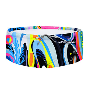 Costume da allenamento nuoto in piscina Boneswimmer da uomo, modello parigamba UCLA 207UF CORALLO con grafica astratta psichedelica multicolore; fronte
