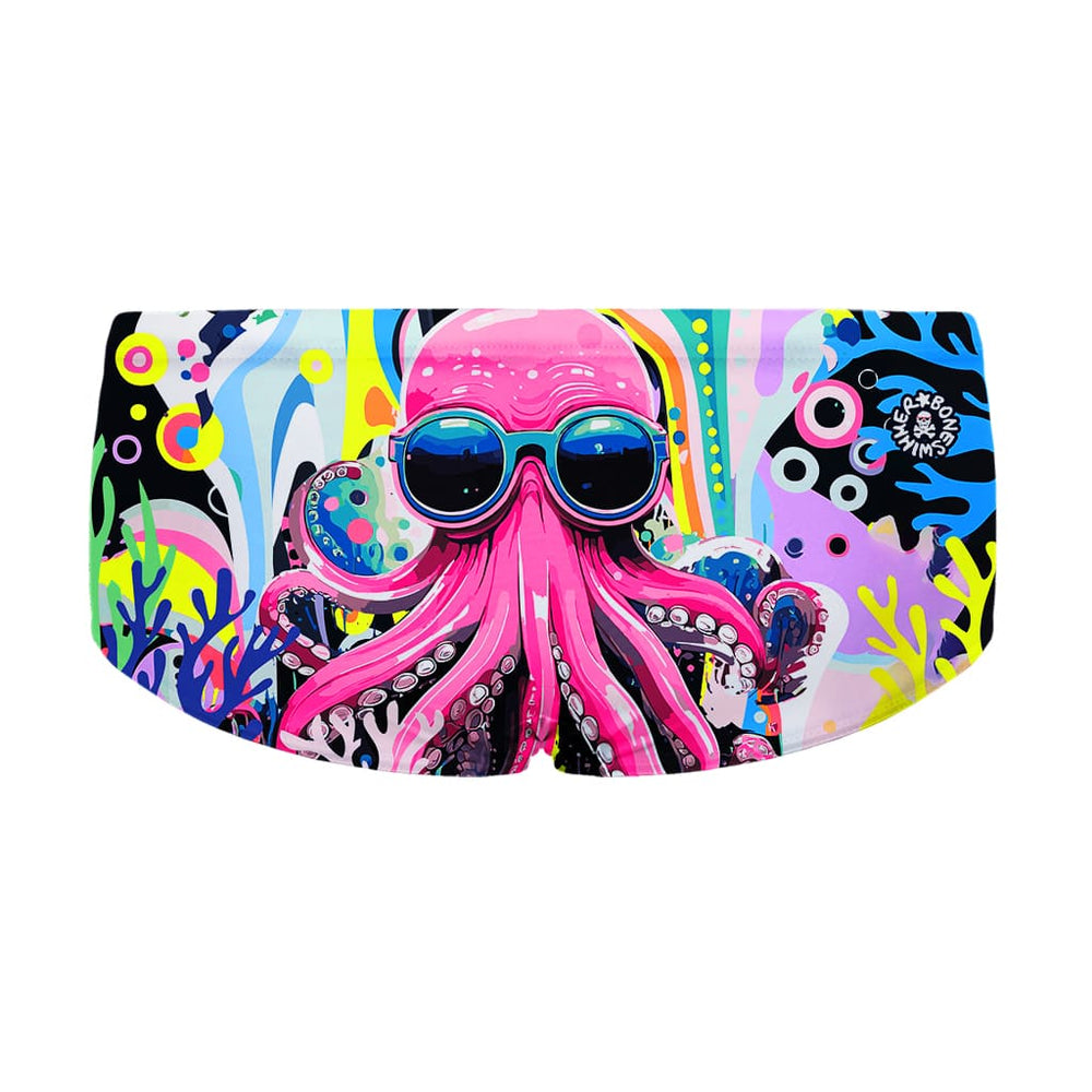 Costume da allenamento nuoto in piscina Boneswimmer da uomo, modello parigamba UCLA 207UF CORALLO con motivo polpo rosa con occhiali riflettenti su pattern astratto colorato; retro