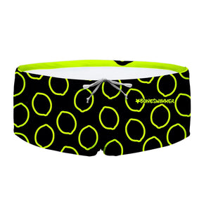 Costume da allenamento nuoto in piscina Boneswimmer da uomo, modello parigamba UCLA 209UF LIMONE con motivo geometrico contorni di limoni gialli neon su pattern nero; fronte